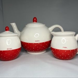 Rae Dunn Christmas Red Polka Dot Christmas Tea Set Pour Teapot Milk Scoop Sugar